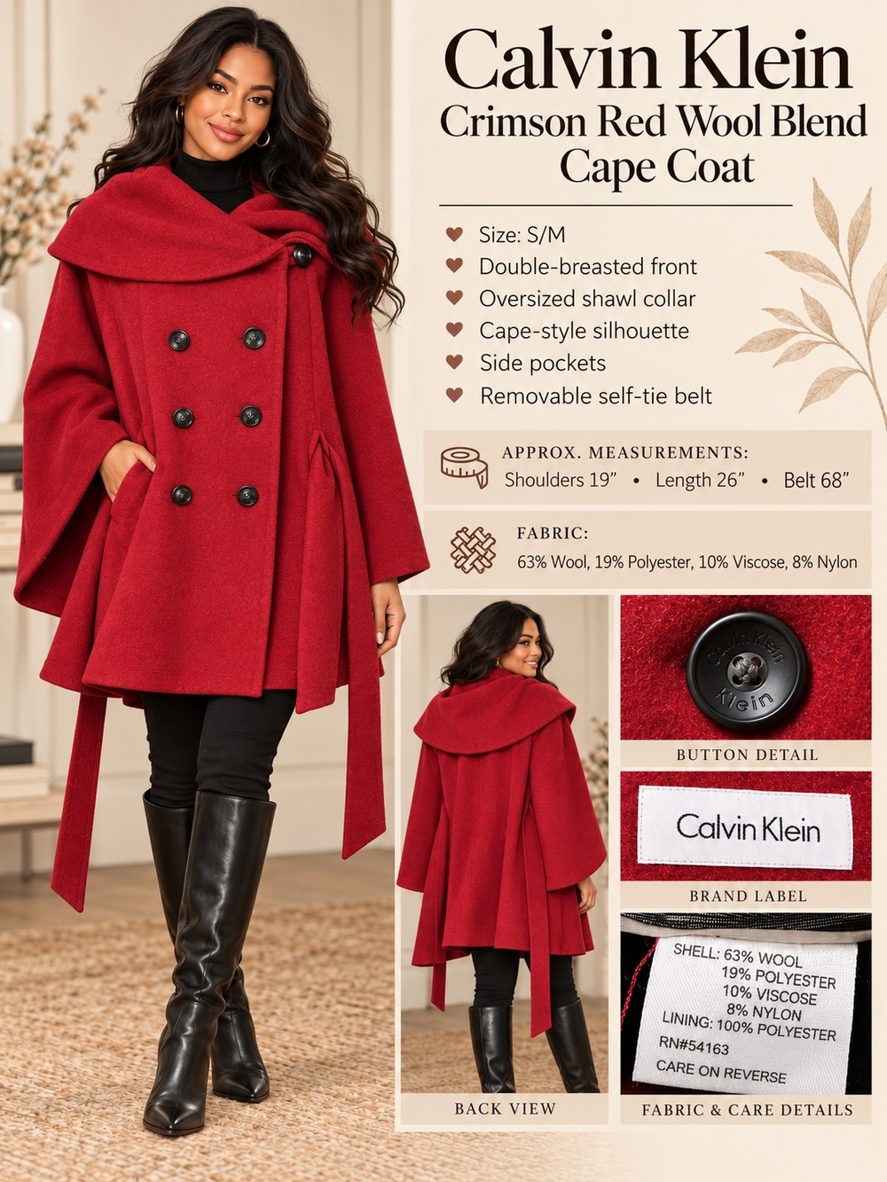 Calvin Klein Crimson Red Wool Blend Belted Double Breasted Cape Coat S/M